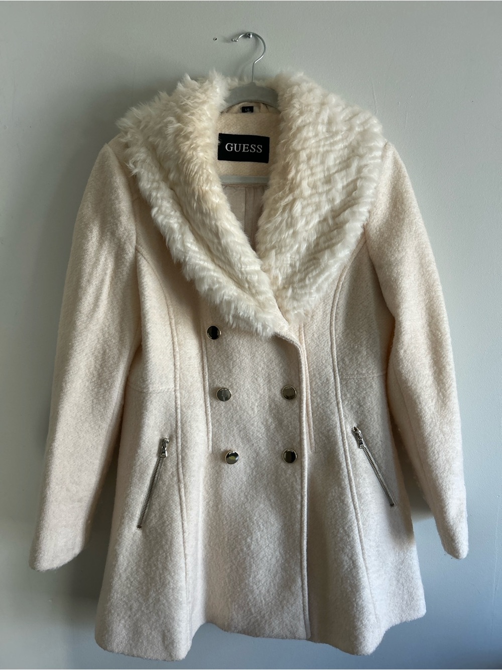 GUESS Cream Double-Breasted Faux-Fur Collar Pea Coat